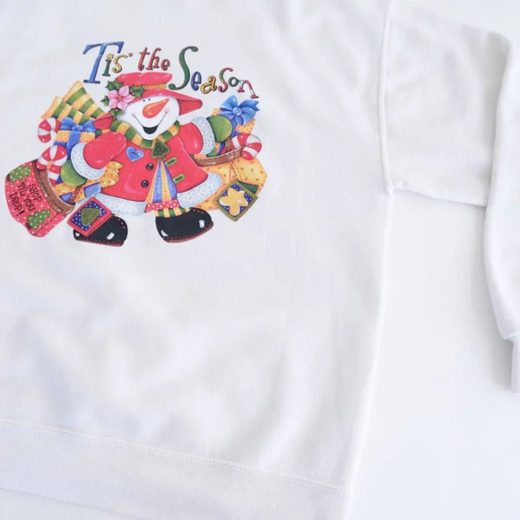 Vintage Jerzees White Snowman Ugly Christmas Tis The Season Crewneck Sweater  M - Picture 6 of 11
